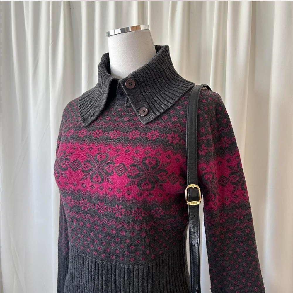 Fair Isle Krimson Klover wool ski sweater folded collar with buttons medium. - Picture 3 of 8